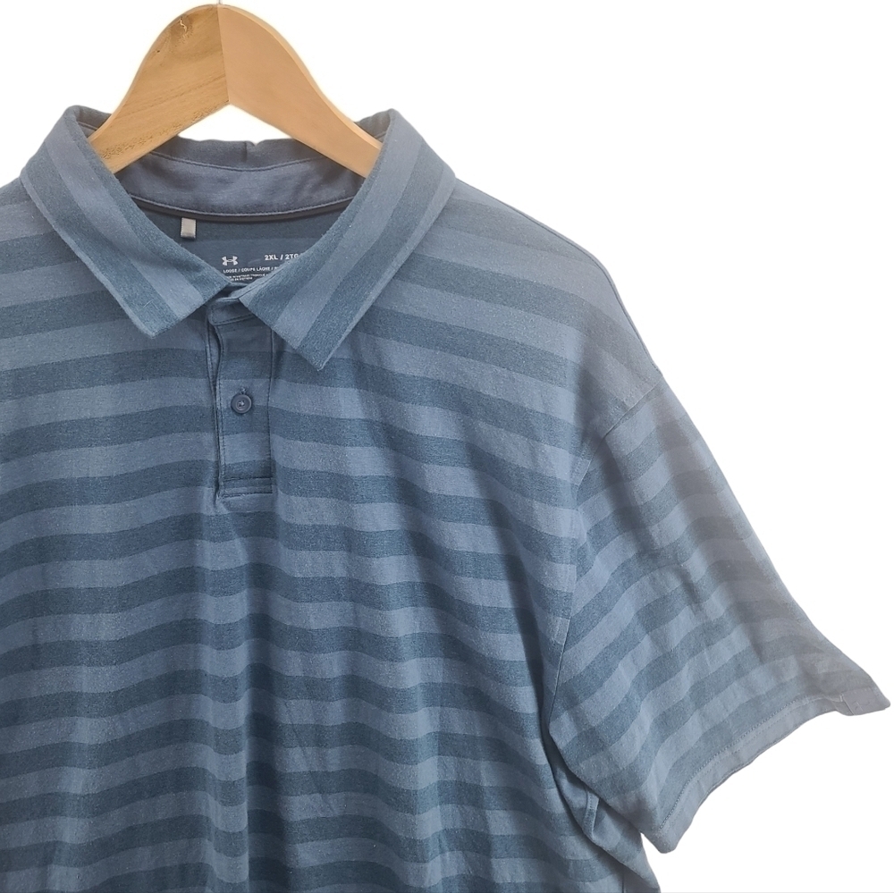 Under Armour Golf Polo Short Sleeve Shirt 2XL Blue Stripes Loose Heatgear Tee